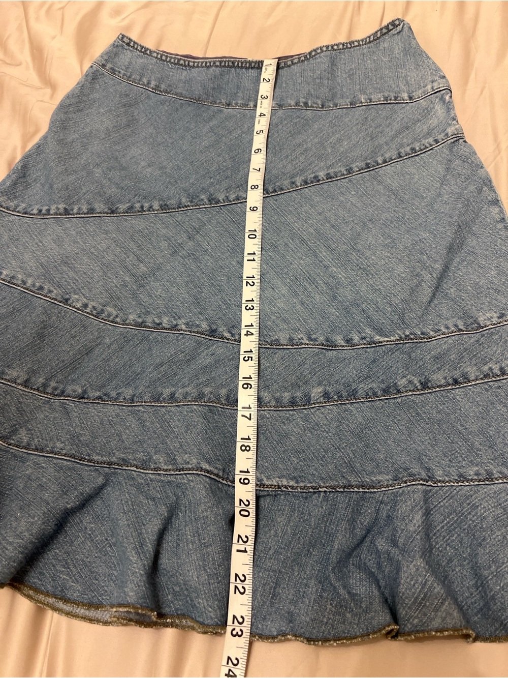 GAP Light Wash Denim Ruffle Hem Skirt Asymmetrical Seamed Cotton Midi Skirt - Picture 5 of 9